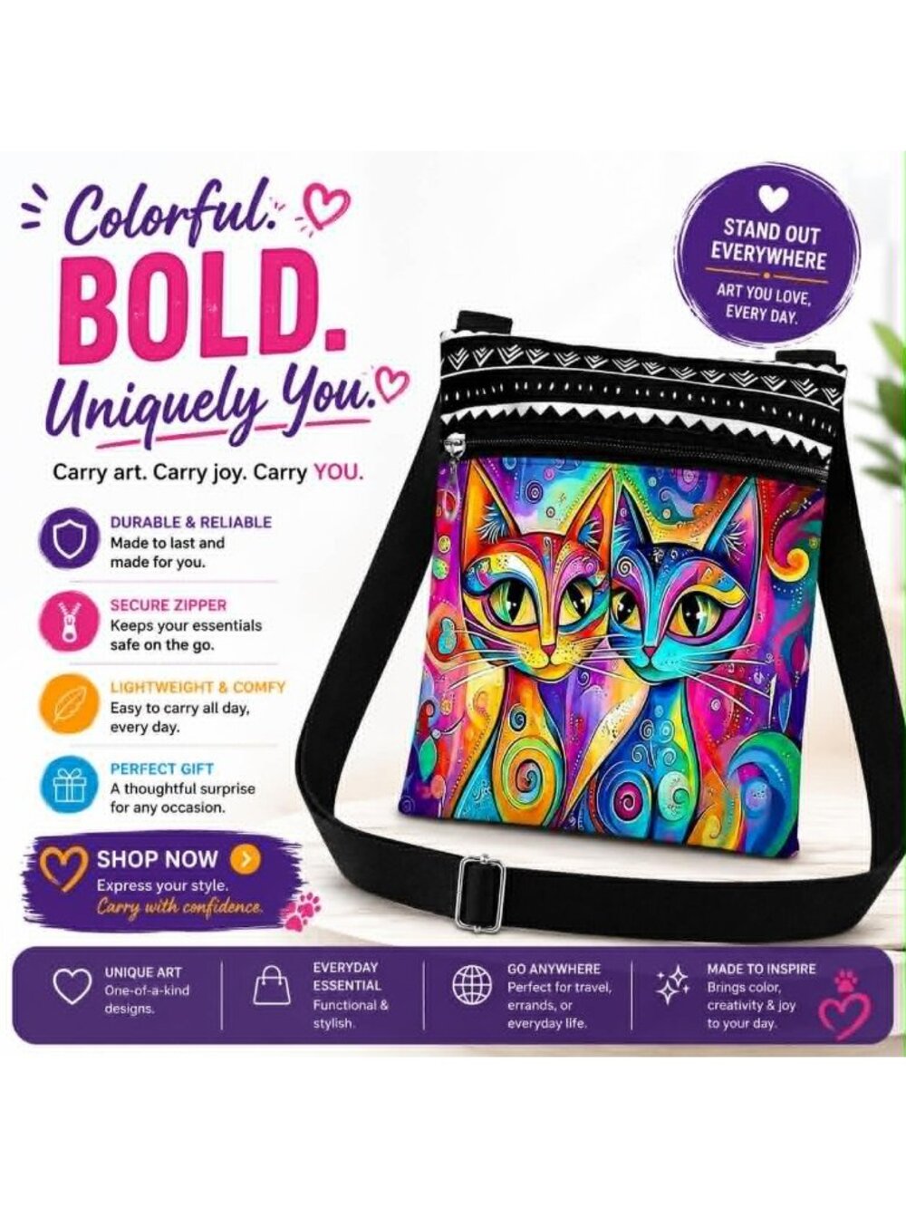 Colorful Bold Uniquely You Psychodelic Cat Crossbody Purse - Picture 2 of 2
